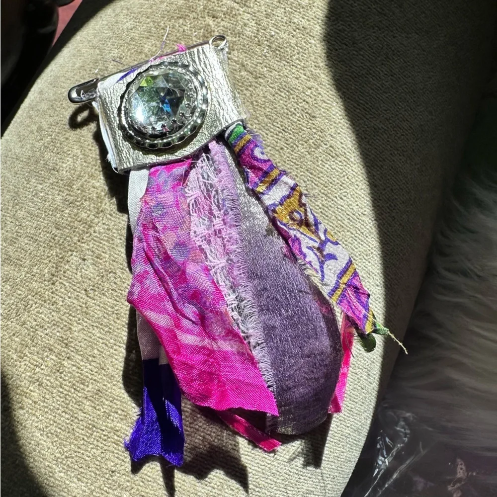 Boho | Fabric Brooch |,Hand Crafted Pin Crystal Embellished 5’ Silk and Lace